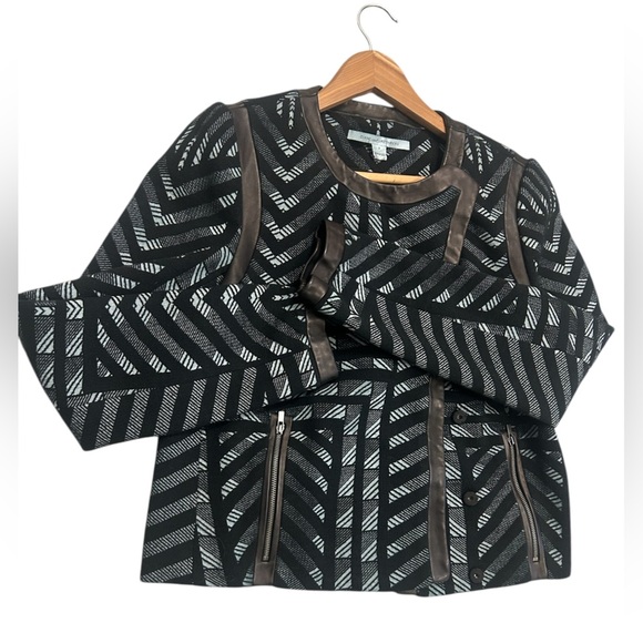 Diane Von Furstenberg 8 wool blend mono c leather trim jacket in great condition - Picture 3 of 16